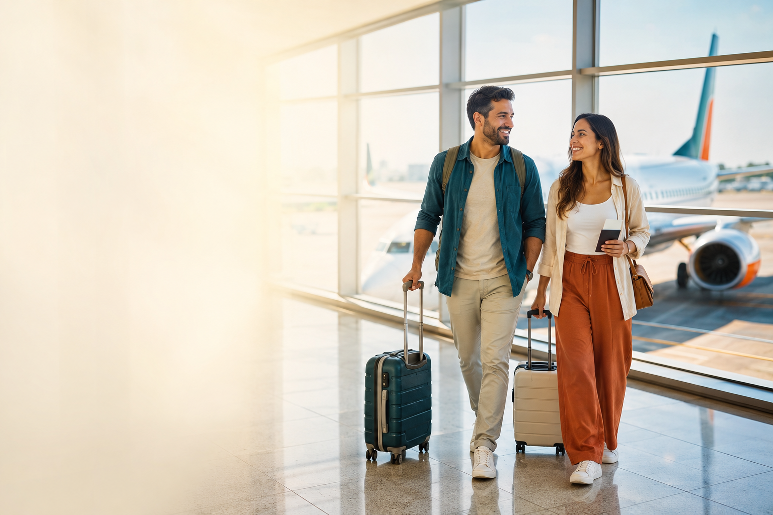 Casal viajando em um aeroporto com malas e avião ao fundo